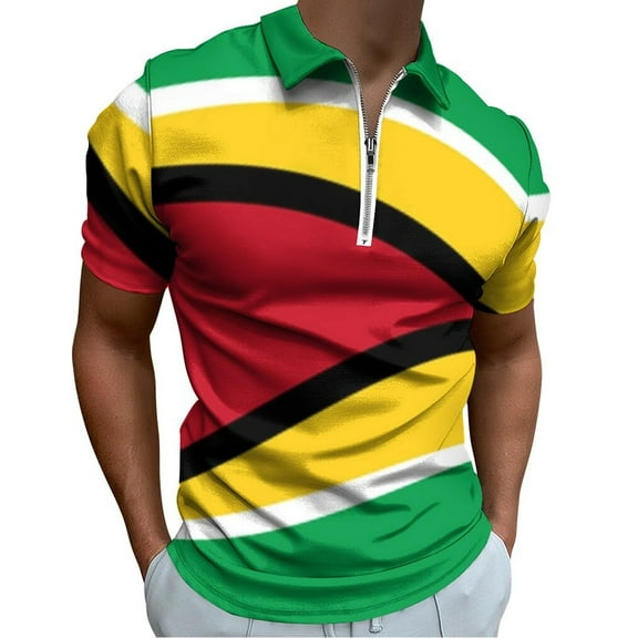 Flag of Guyana.National Flag of Guyana Men Zipper T-shirt Summer Casual Short Sleeve T-shirt Top