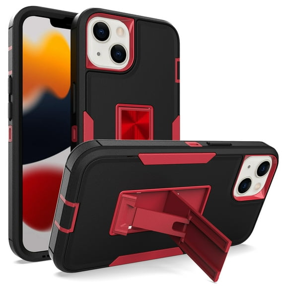 ELEHOLD Kickstand Rugged Case of iPhone 14 6.1 inch,Made of Hard PC Plastic + Flexible TPU,with Shockproof Dustproof Lens Protection Folding Hidden Form Bracket Case, Black/Winered