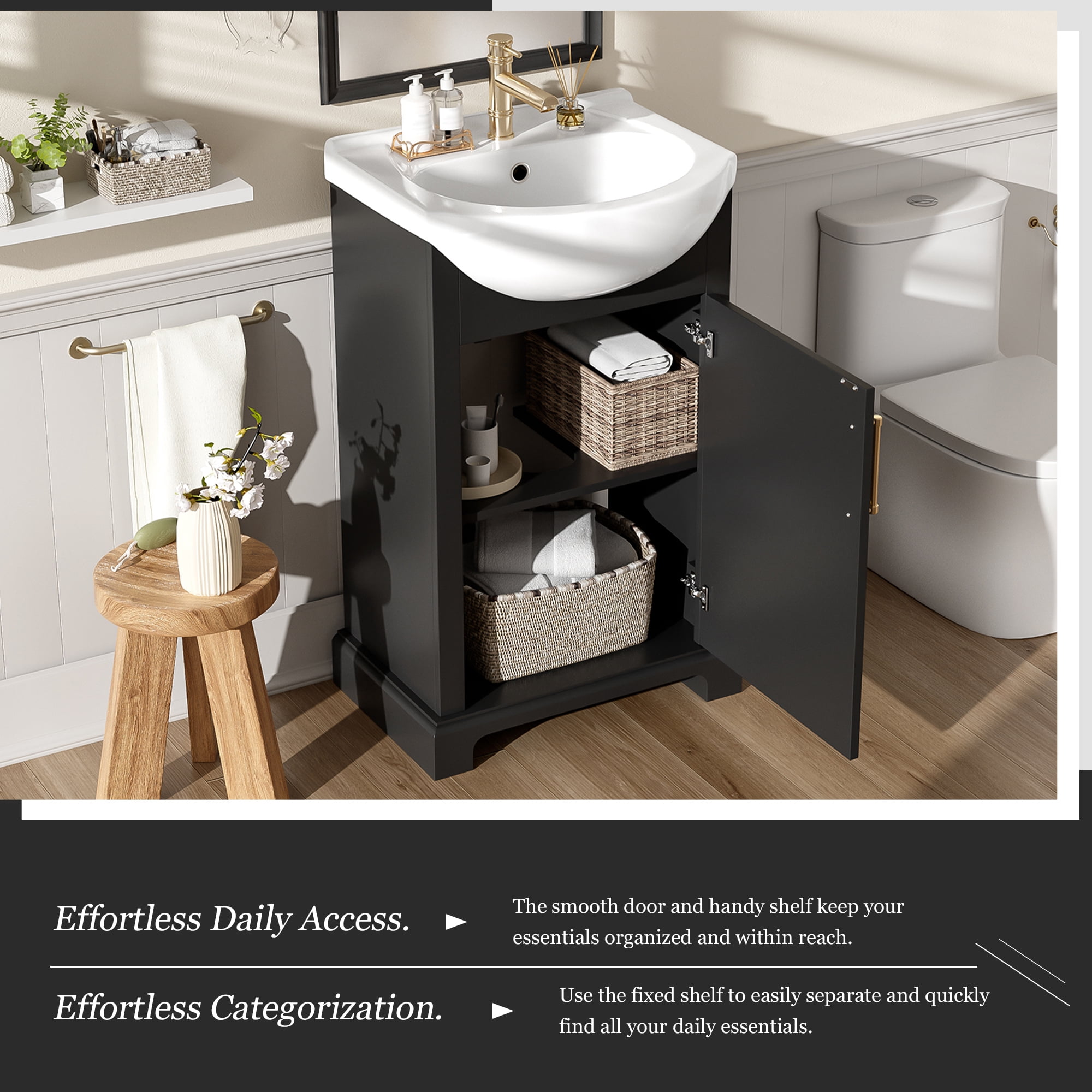GARITIN Bathroom Vanity 20 Inch, Freestanding Single Vanity Set with Ceramic Sink and Soft Closing Door for Small Bathroom, Black