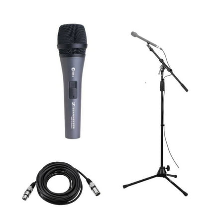 e 835-S Wired Cardioid Handheld Dynamic Microphone with Switch & Clip Bundle With Samson MK10 Lightweight Boom Mic Stand, 20' Heavy Duty 7mm Rubber XLR Microphone Cable