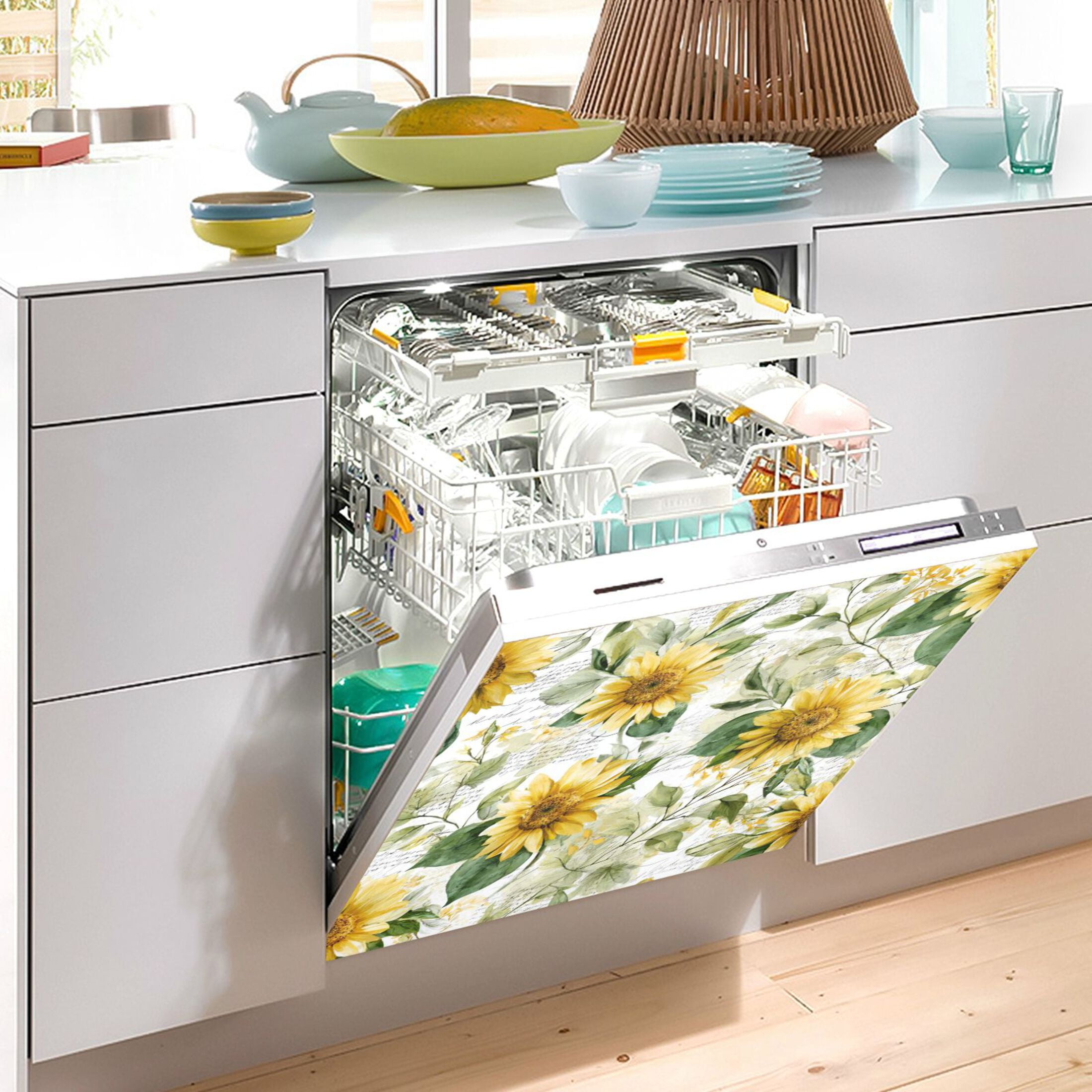 Dishwasher Magnetic Refrigerator Magnet Cover Sticker Home Decorative 23"x26" Soft Sunflowers and Green Leaves