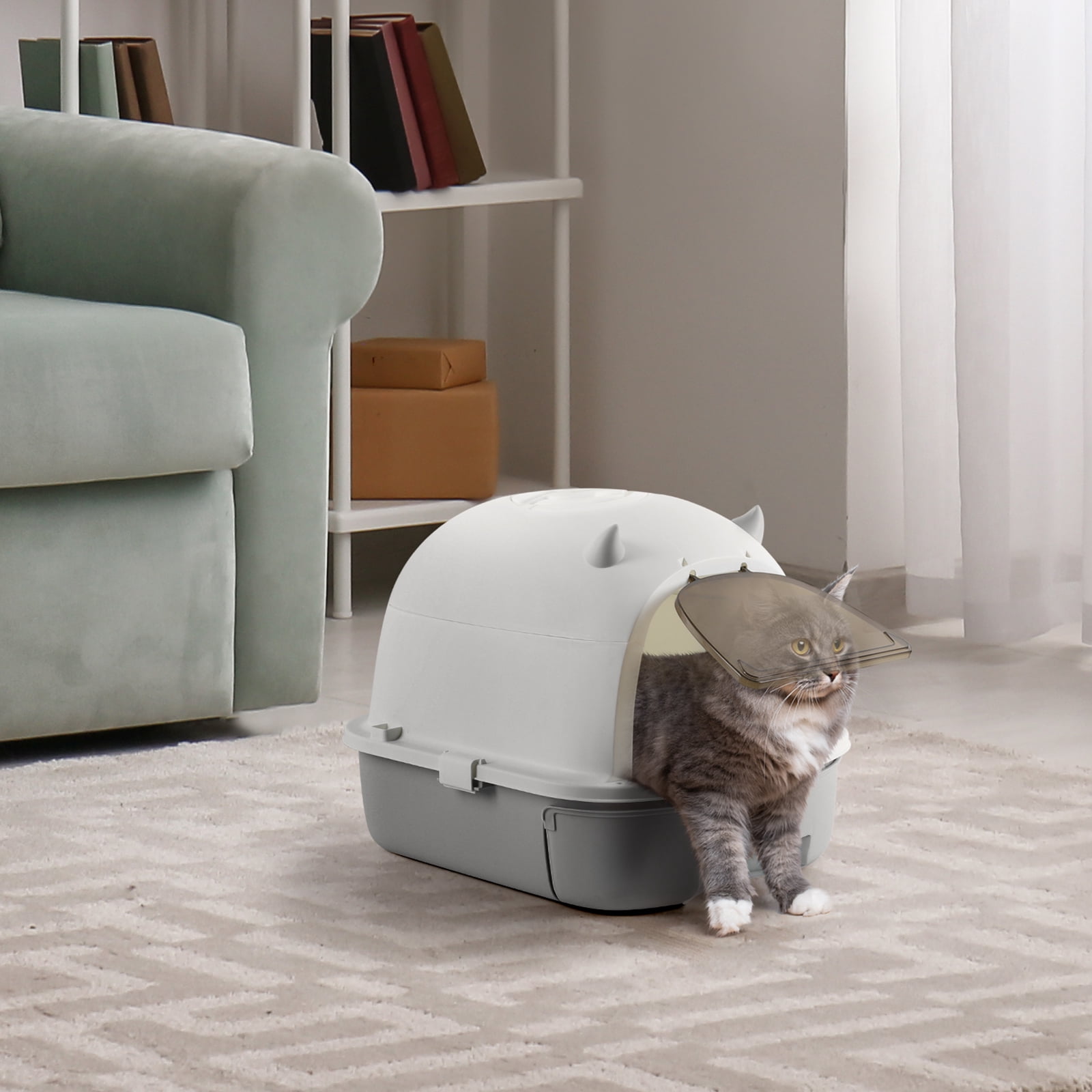 Enclosed Cat Litter Box with Drawer, Cute Devil Horn Design, Hooded Kitty Litter Box with Scoop & Deodorant Box for Cats Up to 15Lbs