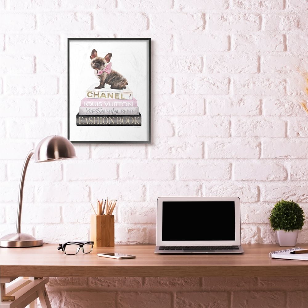 Stupell Industries Pink Bow Dog Gold Black Bookstack Glam Fashion Pet Design Framed Wall Art by Amanda Greenwood