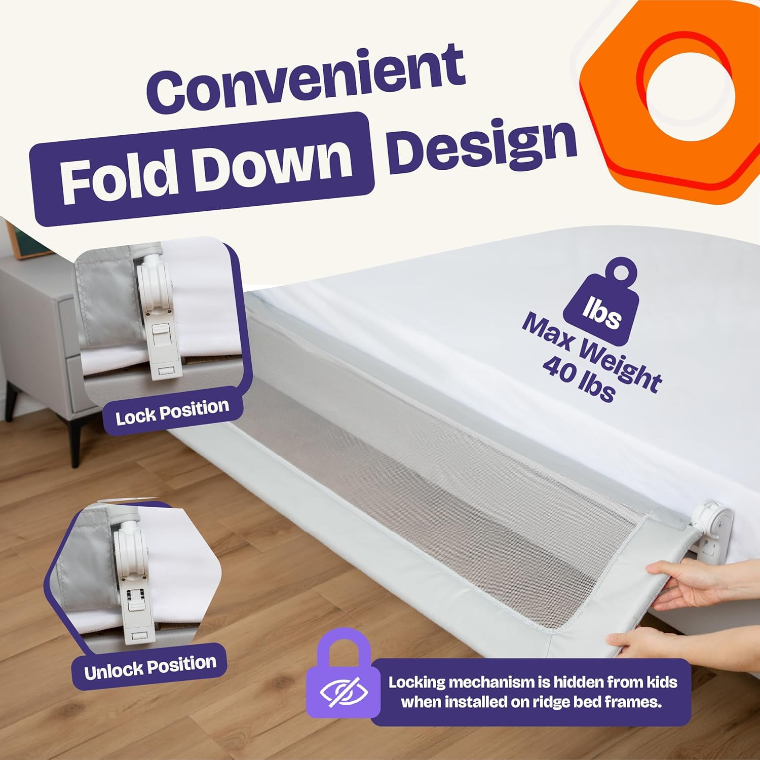 ComfyBumpy Toddler Bed Rail Guard, 35.5" x 19.5" Regular Swing Down Rail for Kids Beds, Gray, 2 pack