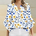 thumbnail image 2 of WCMZJ 3/4 Length Sleeve Womens Floral Tops Double Layered Chiffon Dressy Casual Business Work Blouses V Neck Office Tunic Shirts Blue S, 2 of 4