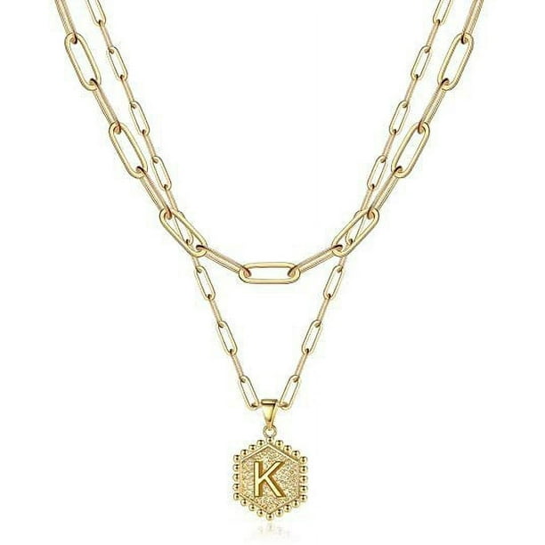 Collar con colgante de 26 letras en varias capas, tendencia hexagonal, cadena de cuello de clavícula femenina que combina con todo