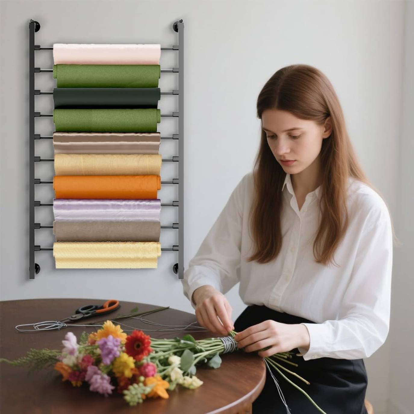 Reykilor 10 Tier Wall Mounted Ribbon Storage Organizer Metal Ribbon Display Shelf Wrapping Paper Rack Holder for Sewing Craft Mesh Thread Tape Crochet