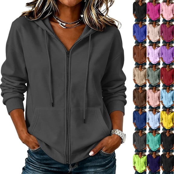 Zip Up Hoodies for Womens Long Sleeve Plain Sweatshirts Lightweight Casual Daily Wear Hooded Jacket for Fall Winter Dark Gray 2XL