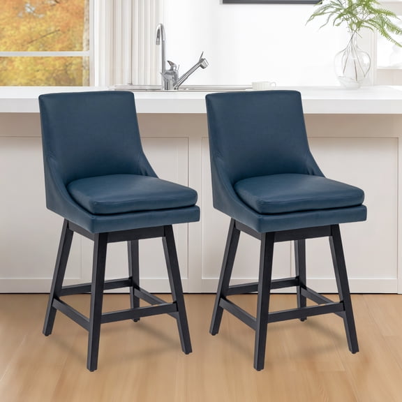 TUNESET Bar Stools Set of 2, PU Leather Barstools, 26 Inch Upholstered Counter Stools with 14.2" High Back and Footrest, Swivel Counter Height Barstools for Kitchen Island Home Bar Navy Blue