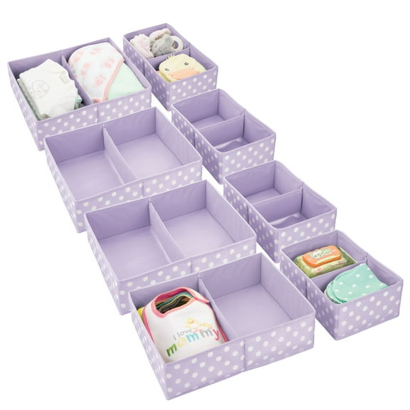 mDesign Fabric Nursery Divided Drawer Bin, 4 Pack, Light Purple/White Polka Dot