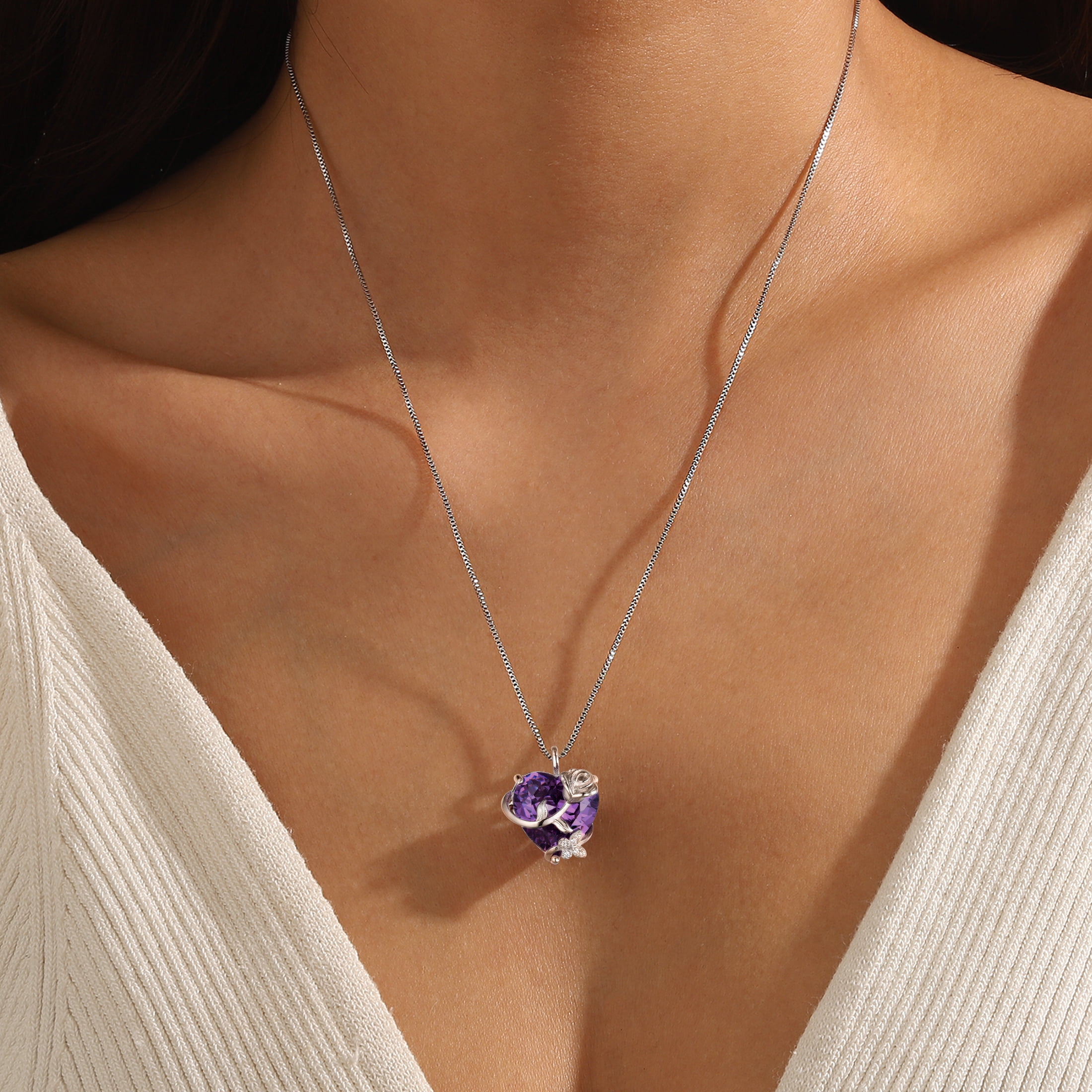 Juwaliy 15MM Women Rose Heart Necklace February Birthstone 925 Sterling Silver Butterfly Flower Pendant Purple Amethyst Jewelry Mother Valentine's Day Gift