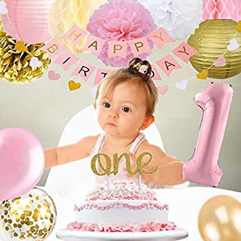 Tappery 1st Birthday Decoration for Girls,Baby Girl First Birthday Decoration,Happy Birthday Banner and Pink Balloons for Girl,Baby Shower Party