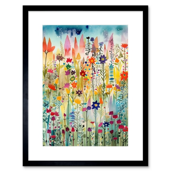 Layered Spring Flower Field Folk Art Artwork Framed Print Wall Art 9X7 Inch