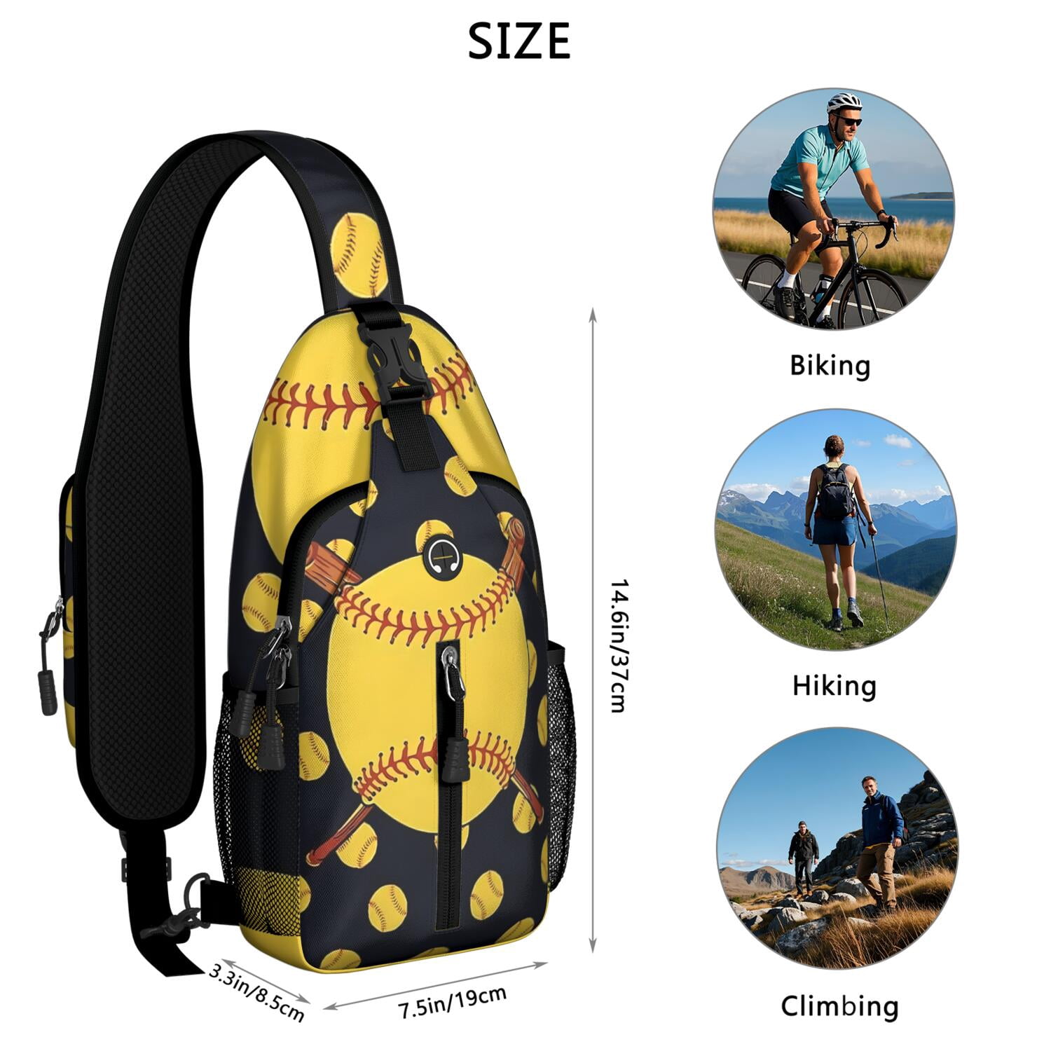 Baseball and Football Print Sling Bag for Boys – Lightweight Durable Polyester Crossbody Backpack with Secure Zippers, Large Compartments, Mesh Side Pockets for Training, Competition, and Outdoor Play