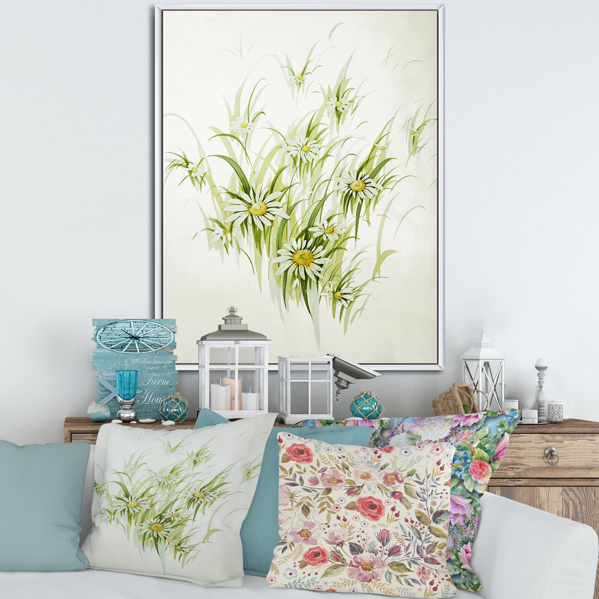Designart 'Abstract Retro Drawing of Flowers I' Vintage Framed Canvas Wall Art Print