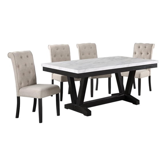 Bowery Hill Weathered Gray Wood 5pc Dining Set with Beige Chairs