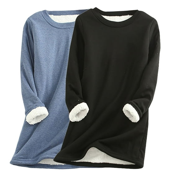 ATOYSOY Women's 2 Pack Thicken Basic Shirts for Women Solid Color Pullover Outwear Crew Neck Blouse Fall Winter Casual Dressy Fleece Tunic Long Sleeve Tops Black L