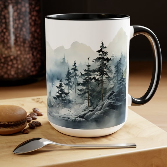 Watercolor Winter Pine Tree Mug: Snowy Forest Ceramic Coffee Cup