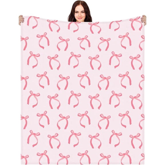 [60x50inch] Buryeah Coquette Pink Bow Blanket Christmas Throw Blanket Pink Bow Ribbon Winter Farmhouse Blanket Couch Sofa Soft Warm Bed Blankets for Women Friends Gifts, 50 x 60 Inch(Pink Bow)