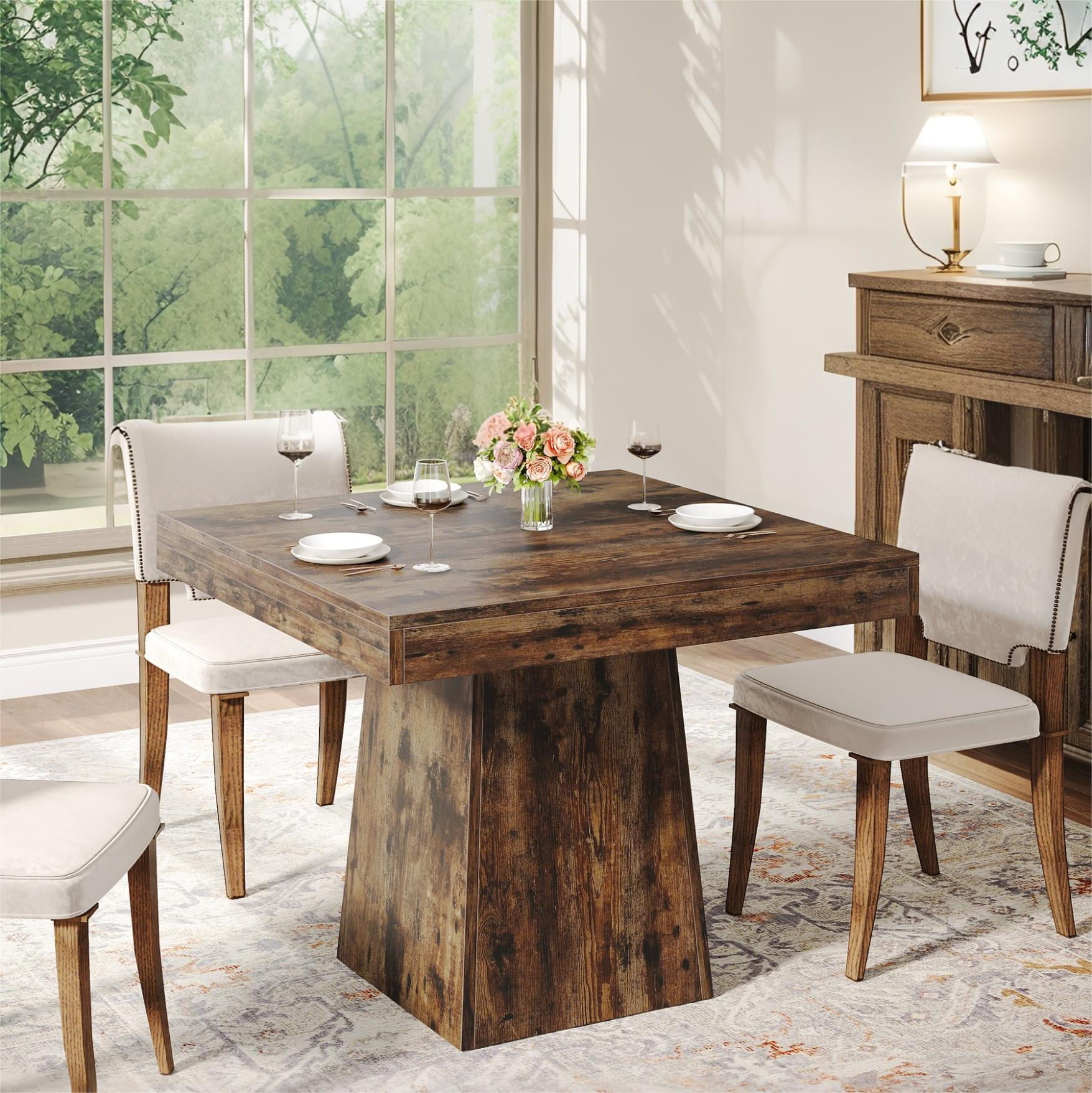 Fnova 31.5" Square Farmhouse Dining Table, Wood Coffee Table for 4 People, Modern Kitchen Table for Dining Room, Dark Brown (Chairs Not Included)