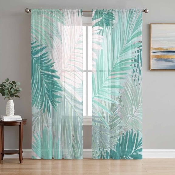 Teal Palm Leaves Sheer Curtains 84 Inches Long, Summer Tropical Plants Botanical Light Filtering Window Curtains for Living Room/Bedroom, Rod Pocket Voile Sheer Curtain Drapes, 52"W x 84"L, 2 Panels