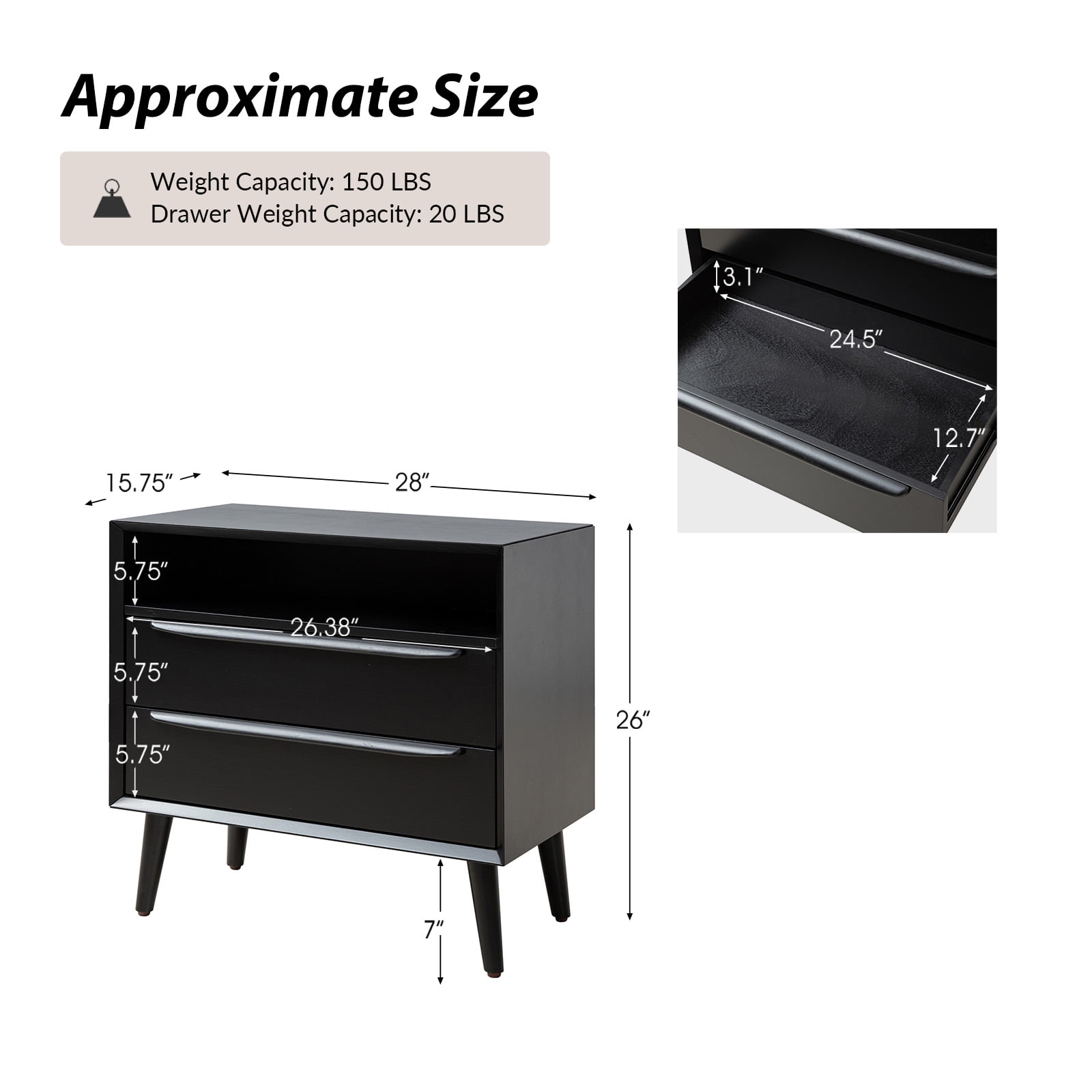 26" Tall 2-drawer Black End Table Set of 2 with Charging Station Table for Living Room
