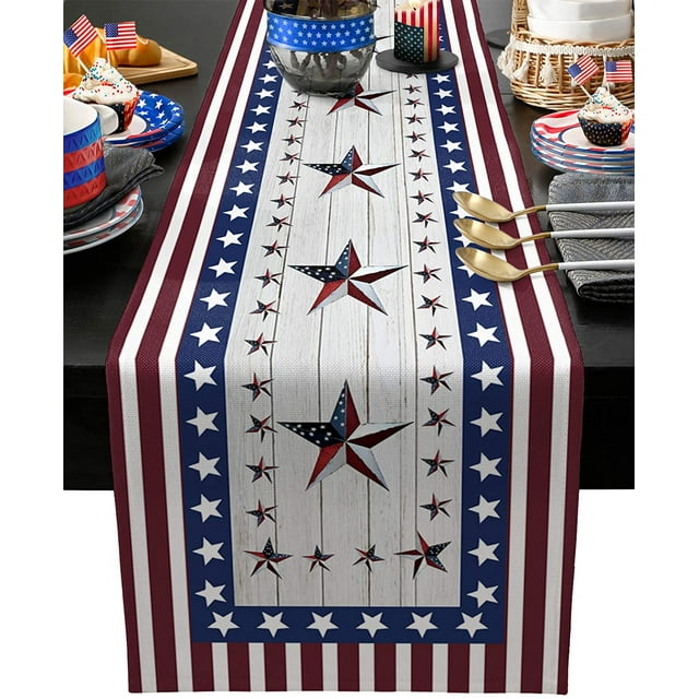 Chemin de Table en Coton et Lin pour la Fête de l'Indépendance du 4 Juillet, Écharpes de Commode, Thème Drapeau Américain USA Étoiles Rouges Rayures pour Table à Manger, Décoration de Cuisine de Ferme de Vacances-13x36 Pouces