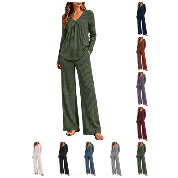 Atkumj Loungewear Sets Woman Soft V Neck Ruched Long Sleeve Tops and Wide Leg Pants Womens Lounge Set Comfortable Ribbed Knit Fall Sets S