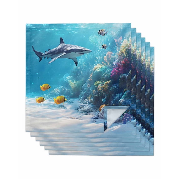 nqOlkjepod Shark Coastal Cloth Napkins Set of 6 Reusable Dinner Napkins, Summer Beach Coral Ocean Nautical Cocktail Napkin Washable Table Napkins for Wedding/Holiday Party/Baby Shower 20"x20"