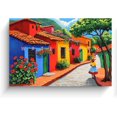 thumbnail image 1 of Lienzo óleo pueblo colombiano mexicano casas coloridas calle empedrada mujer con falda tradicional, paisaje latino vibrante para comedor y tienda artesanal., 1 of 6