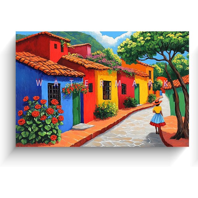 Lienzo óleo pueblo colombiano mexicano casas coloridas calle empedrada mujer con falda tradicional, paisaje latino vibrante para comedor y tienda artesanal.