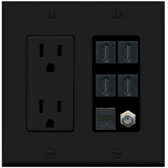 Riteav 15A Power Outlet, 4 HDMI, 1 Cat5e Ethernet, 1 Coax Cable TV Wall Plate - Black