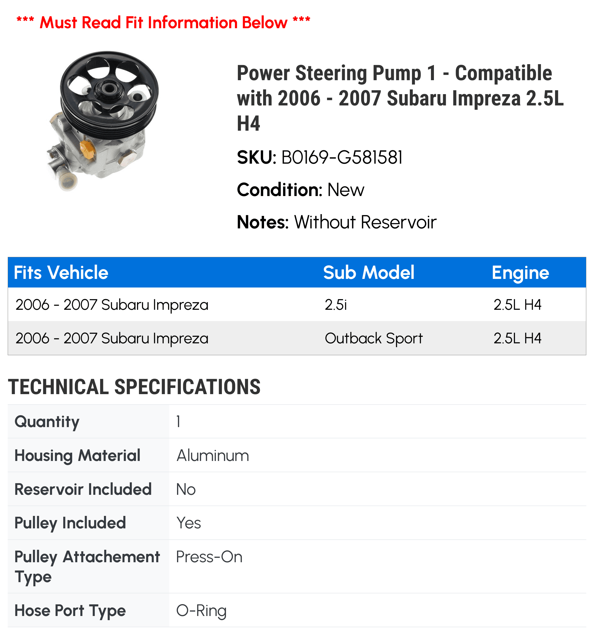 Power Steering Pump 1 - Compatible with 2006 - 2007 Subaru Impreza 2.5L H4 - Autopart Premium