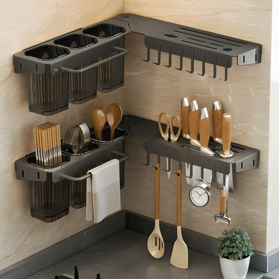 Aromei Kitchen Utensil Rack with Hooks, Wall Mounted Hanging Storage Wall Shelf for Spatula Spoon Knives Forks Chopsticks Cookware Cutlery Holder, Charcoal Gray