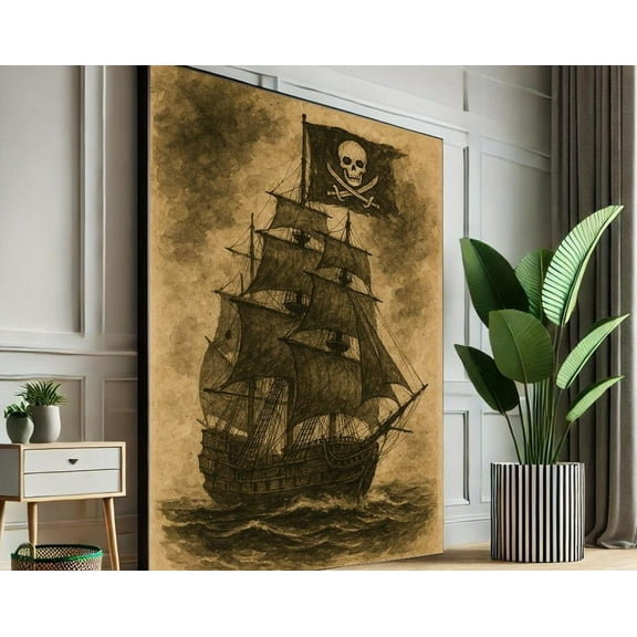 Miluva Vintage Pirate Ship Drawing, Sepia Nautical Wall Art Print, Skull Flag Ocean Decor, Maritime History Poster, ,Decor For Living Room Bedroom, 8x12 UNFRAMED