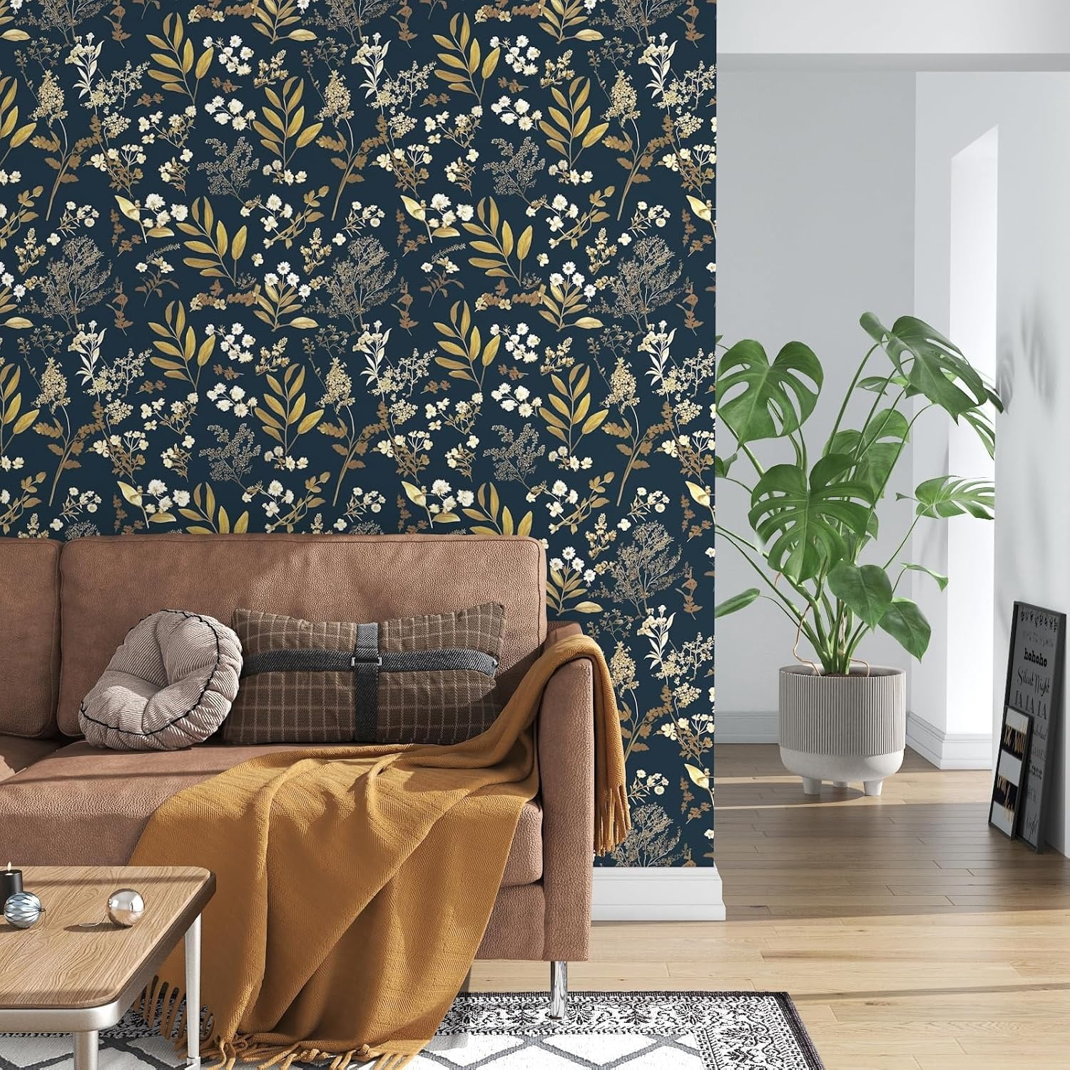 Dark Blue Leaf Wallpaper Peel and Stick Dark Floral Wallpaper for Bedroom Vintage Leaf Contact Paper Waterproof Self Adhesive Boho Floral Wall Paper for Bedroom Walls Countertop 17.5in x 393in
