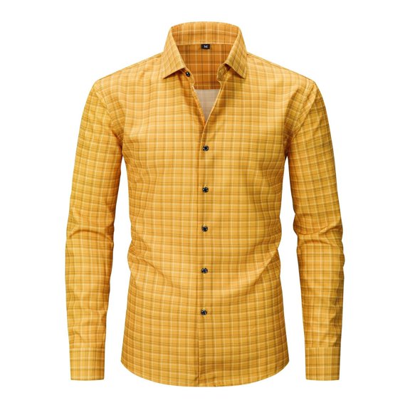 Men's Plaid Button Down Shirts Long Sleeve Casual Business Work Blouse Tops Regular Fit Gingham Shirts Yellow XL
