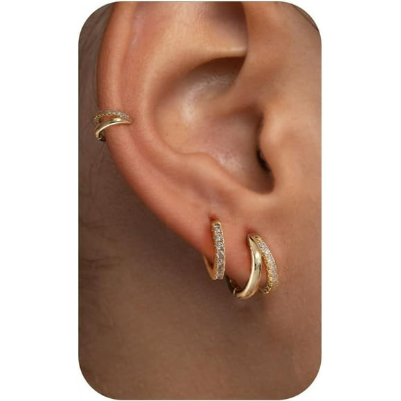 shiyou-Huggie Earrings for Women - 14k Gold Plated Earring Stacks Small Hoop Huggie Drop Earrings Set For Women