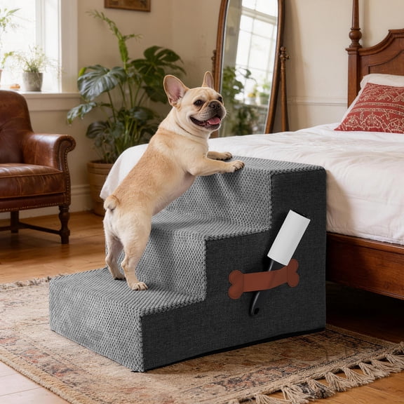 Dog Stairs for Small Dogs & Cats, Non-Slip Pet Stairs 3-Step for Chairs and Couch, Grey