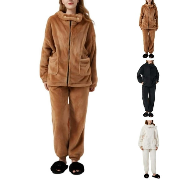 Zedker Women's Plus Size Pajamas For Women Winter Bathrobe Pants Set Thick Fleece Keep Warm Hooded Robe with Pockets Loose Homewear Trousers Sleepwear Black L