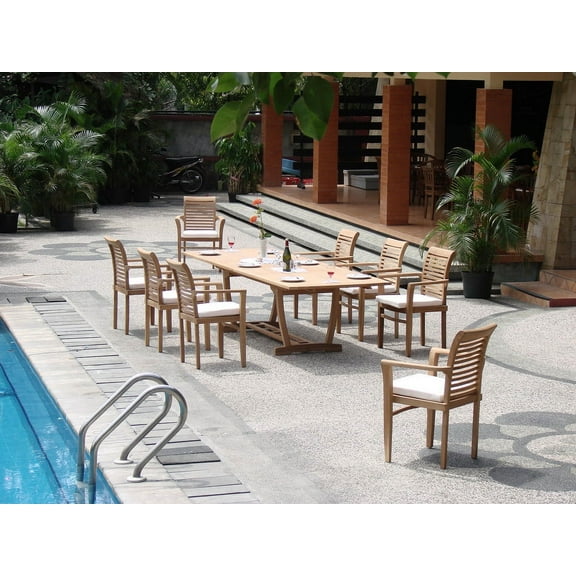 Teak Dining Set:8 Seater 9 Pc - Large 117" Mas Rectangle Table(Trestle Leg) And 8 Mas Stacking Arm Chairs Outdoor Patio Grade-A Teak Wood WholesaleTeak #WMDSMSc
