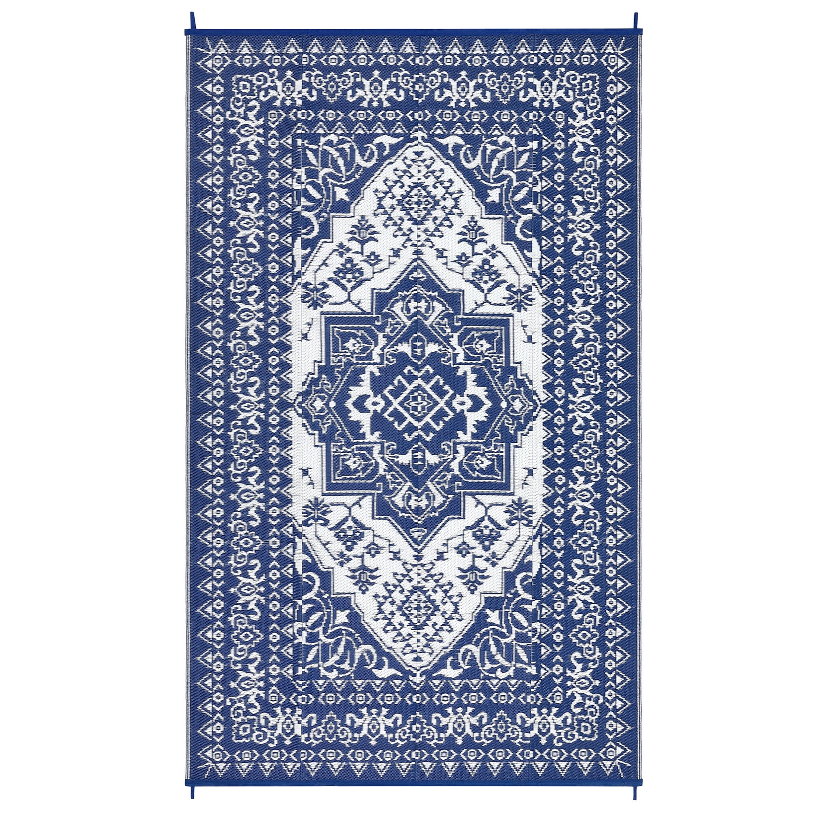 GlowSol 9x18 Outdoor Rug Waterproof Carpet Patio Rug Indoor Outdoor Area Rug Reversible Rug for Picnic Beach Deck-Outdoor, Dark Blue/White