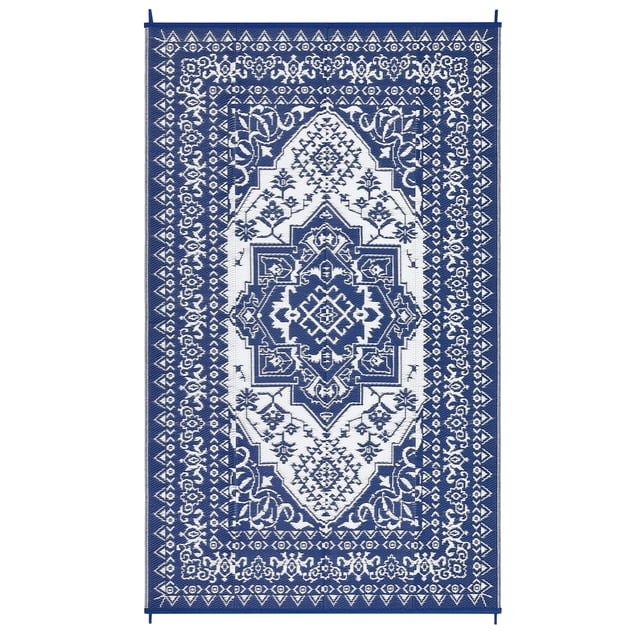 Reversible Outdoor Rug Waterproof, Plastic Straw Patio Mat Vintage Boho Carpet, All Weather for RV Camping Deck Balcony Porch Beach, Terracotta/Gray/Dark Blue