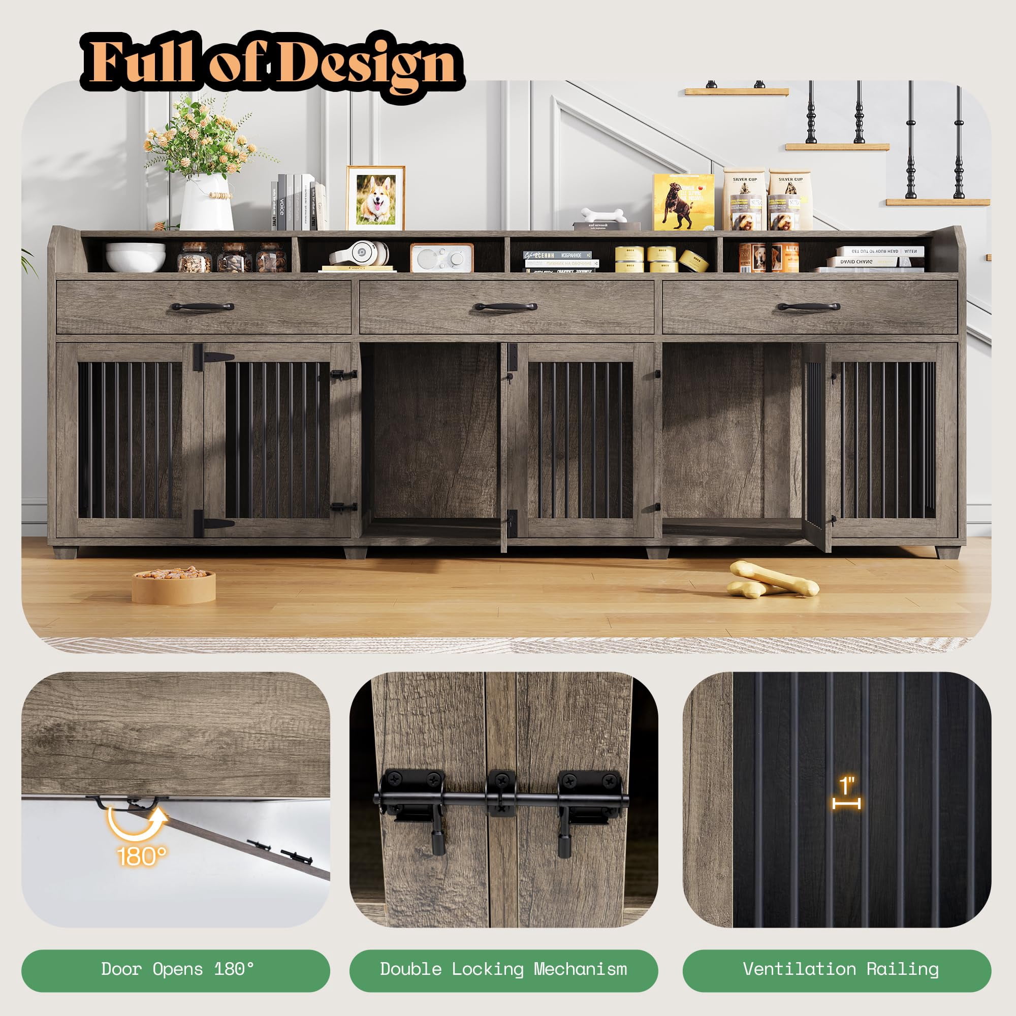 Merluxy 95" Large Dog Crate Furniture with Storage, 3-Room Indoor Wooden Dog Kennel for Large/Medium Dogs, TV Stand & Sideboard, Grey