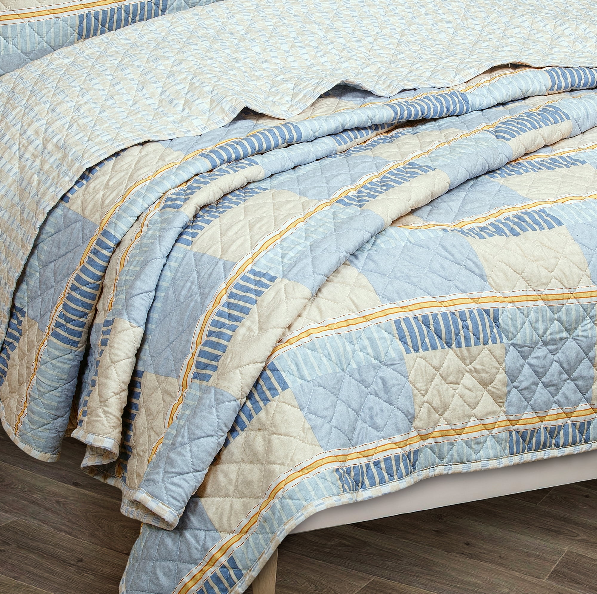 SCAD Piece by Piece Stripe 3 Piece Quilt Set, Blue and Yellow Stripe, Includes 2 Pillow Shams, Twin XL