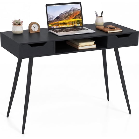 BarefHaven Mid Century Modern Computer Desk, Writing Desk with 2 Drawers & Open Center Storage, Small Wooden Study Table for Home Office & Compact Spaces (Black)