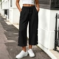 thumbnail image 2 of Njagoc3 Linen Capris for Women Elastic Waisted Drawstring Capri Pants with Pockets Side Button Casual Summer Cropped Pants, 2 of 6