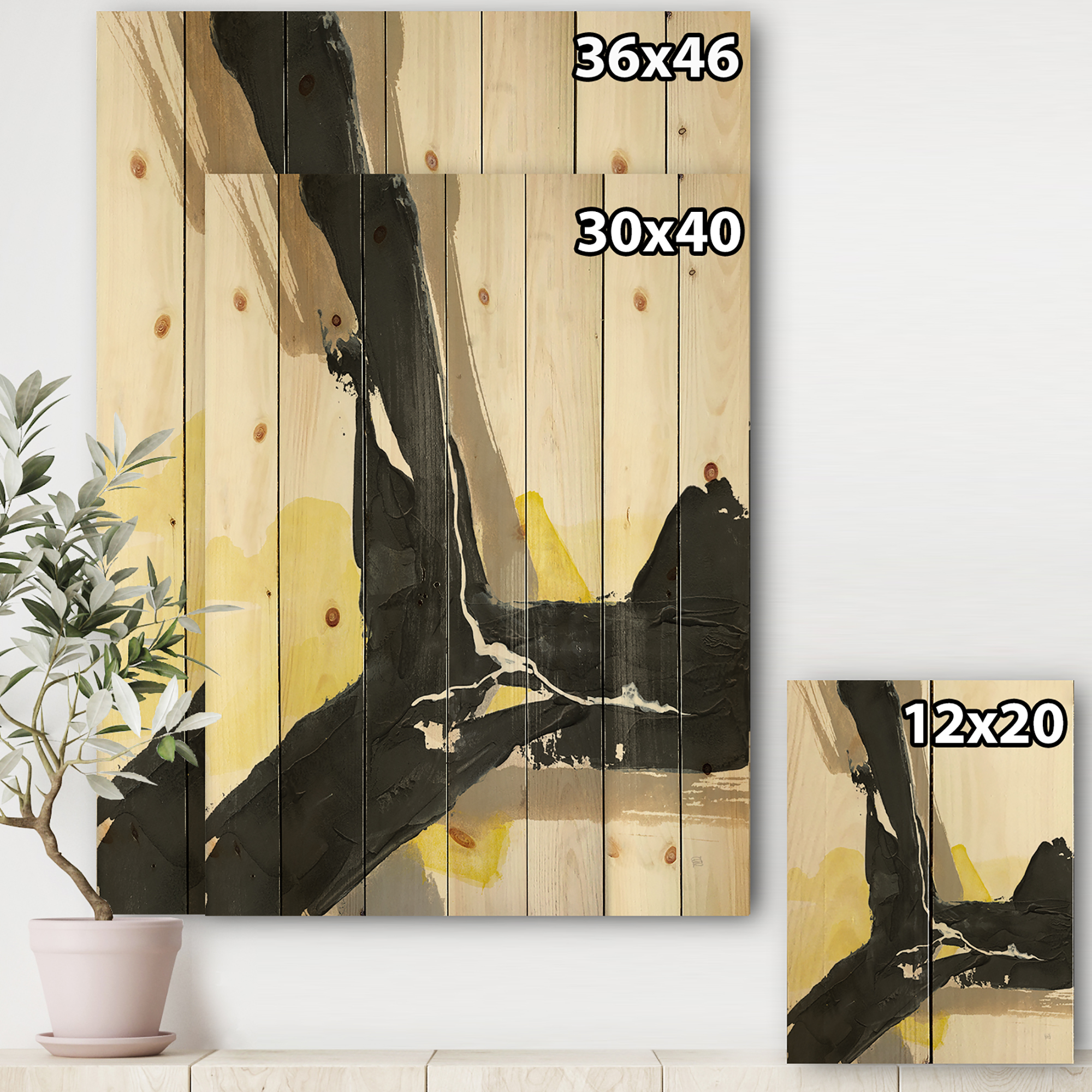 Designart 'Glam Yellow and Black I' Modern & Contemporary Print on Natural Pine Wood