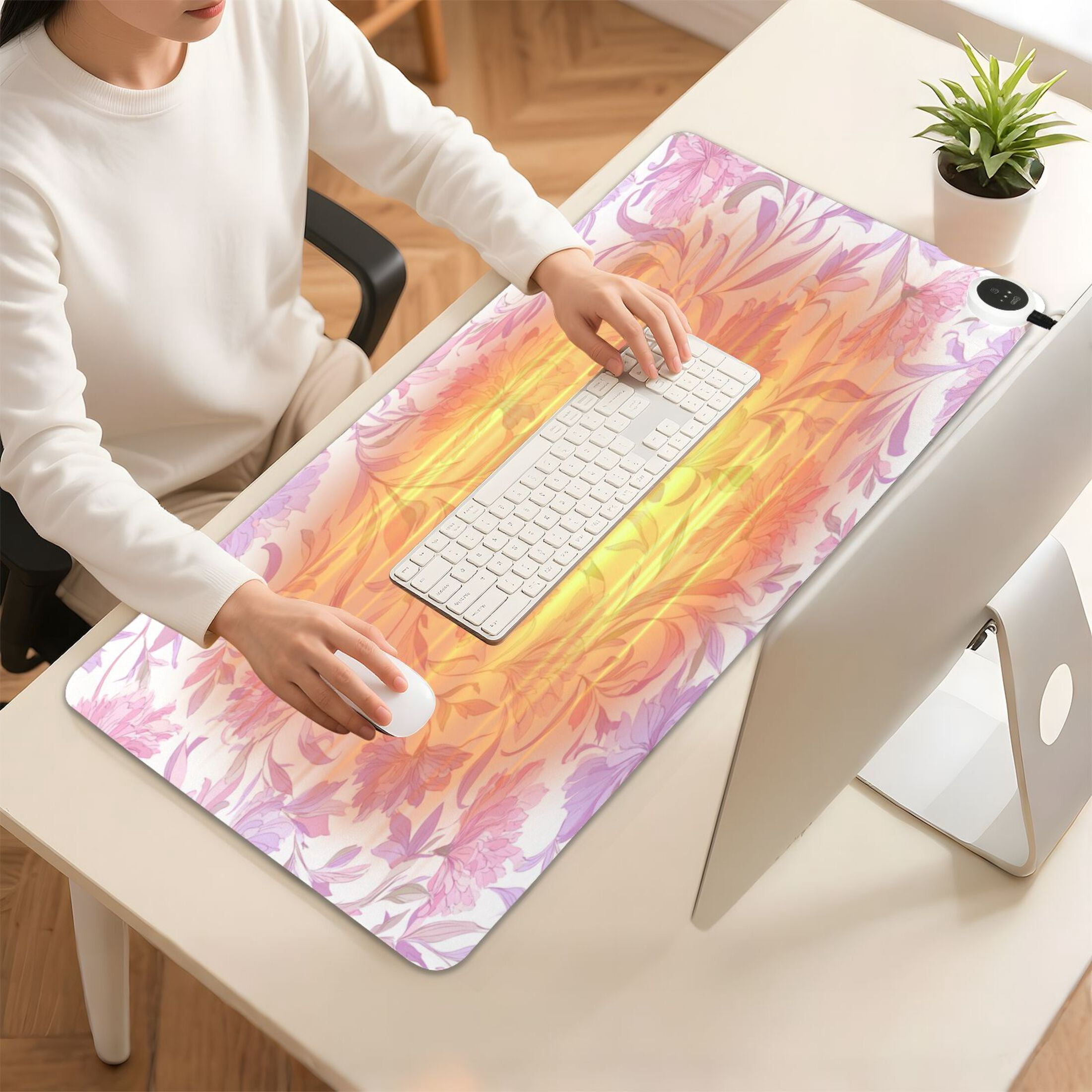 Large Heated Desk Mat Mouse Pad 31.5"x13"PU Leather Graphene Heating Desk Warmer with 3 Temperature Settings 110V US Plug Non-Slip Warm Pad for Home, Office, and Gaming Pink Colors Whimsical Flowers
