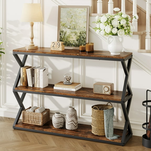 47.2 Inch Rustic Console Table, Industrial Entryway Table with 3-Tier Shelves - Long Hallway Sofa Table, TV Stand & Media Center for Living Room, Vintage Brown